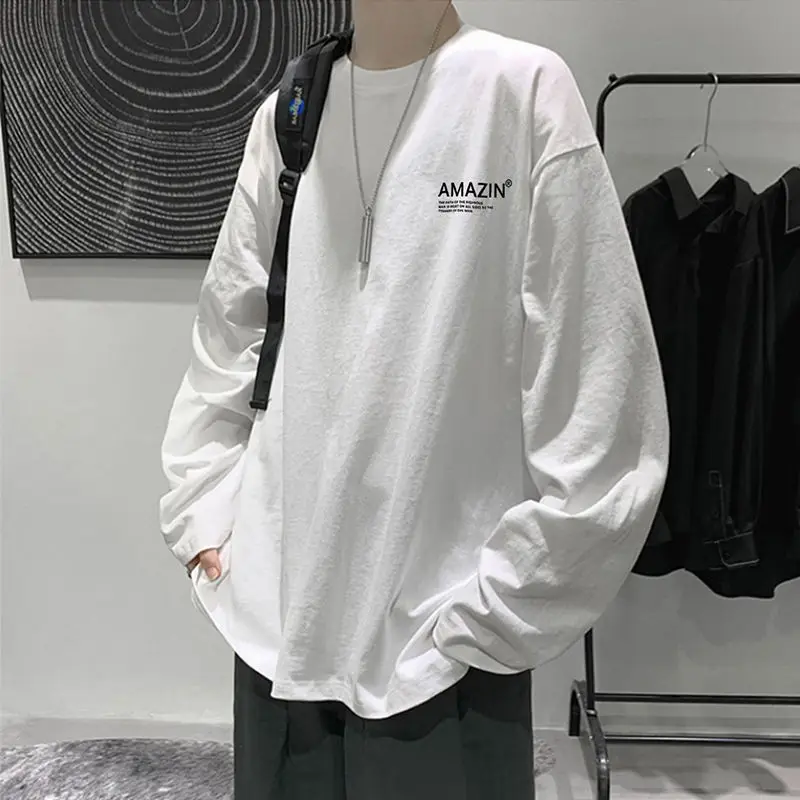 

Autumn Men T Shirt Letter Print Solid Long Sleeve Round Neck Korean Fashion Harajuku Hip Pop Streetwear Couple Clothes Vogue