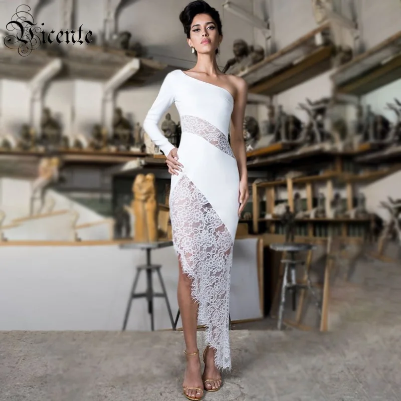 VC Бесплатная доставка белый Asymmtrical платье сексуальное облегающее на одно плечо с