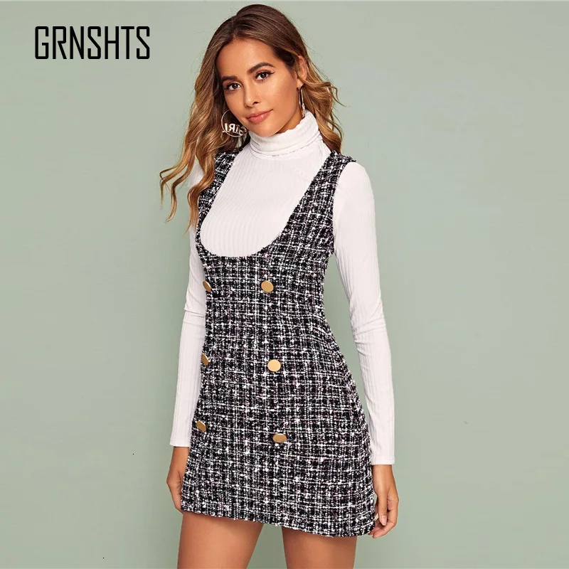 Разноцветное твидовое короткое платье с двумя пуговицами женское осеннее тонкое