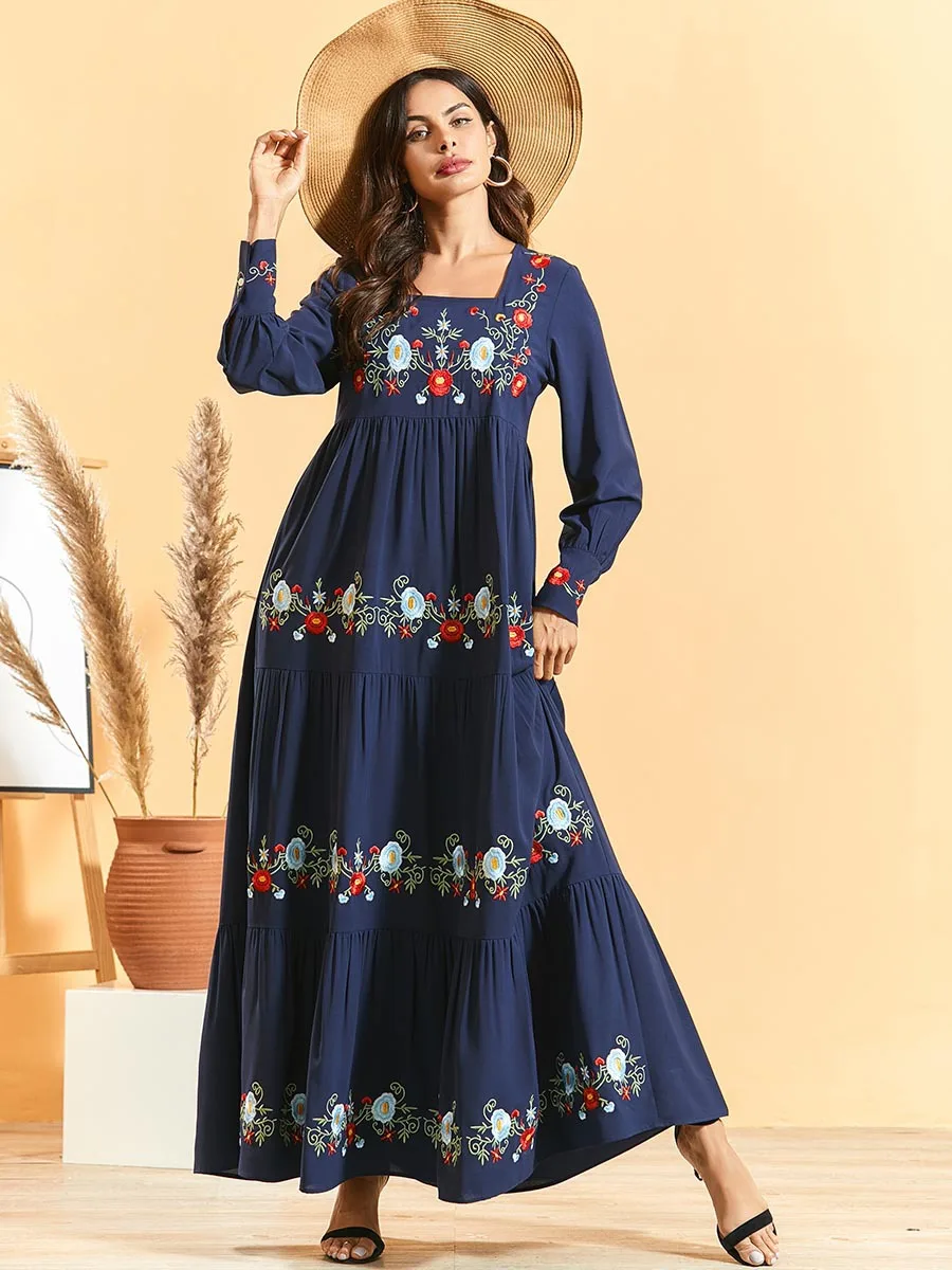

Ethnic Embroidery Abaya Muslim Women Fashion Long Dress Boho Floral Kaftan Pleated Jilbab Arab Robe Party Gown Islamic Clothing