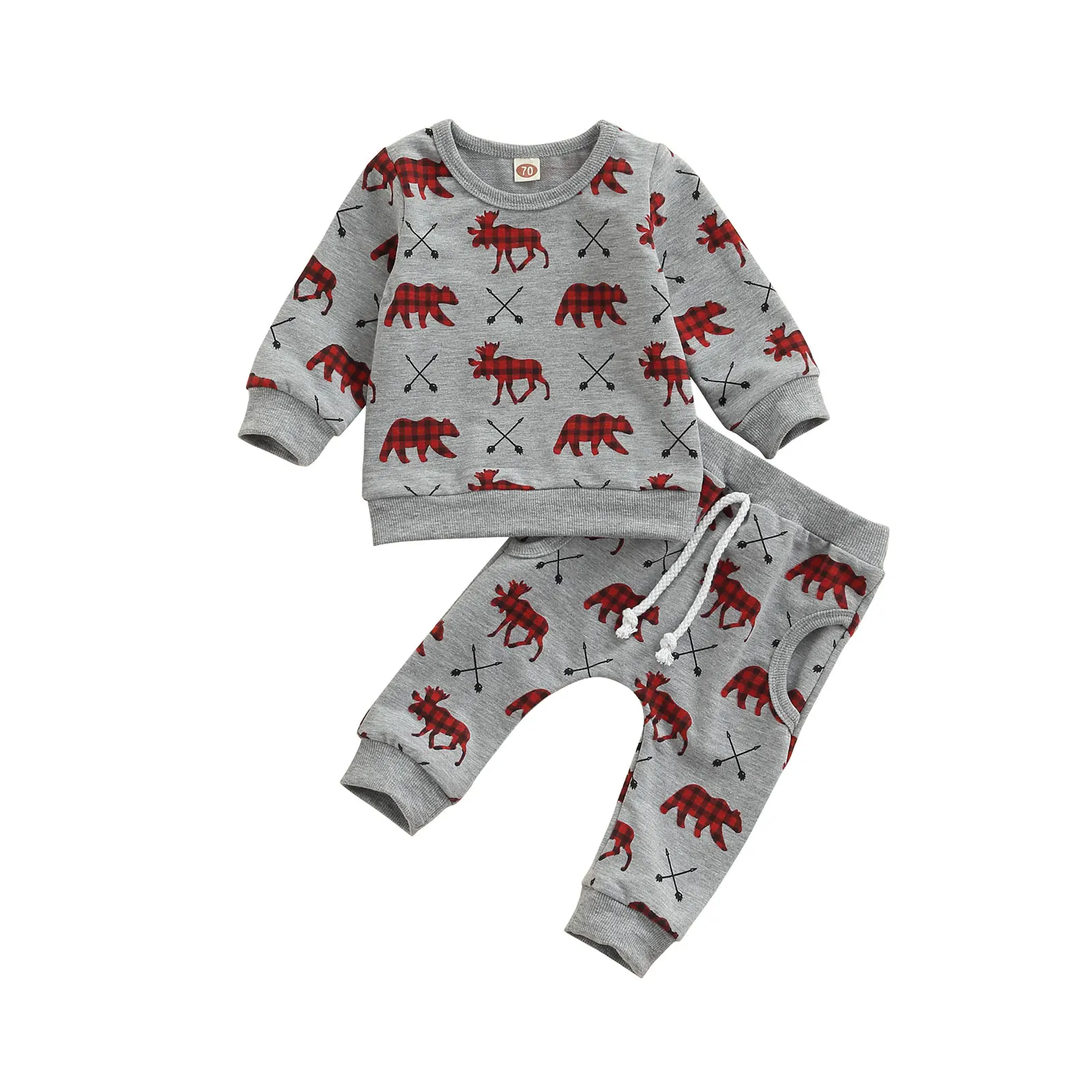 

Cute Christmas Toddlers Tracksuit Plaid Deer Print Long Sleeves Pullover Shirt + Casual Pants for Baby Boys, Girls, 0-24 Months