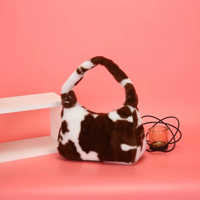 

New Autumn Winter Fashion Shoulder Underarm Bag Female Leopard Zebra Plush Handbag Soft Warm Faux Fur Tote Purse for Lady Girl