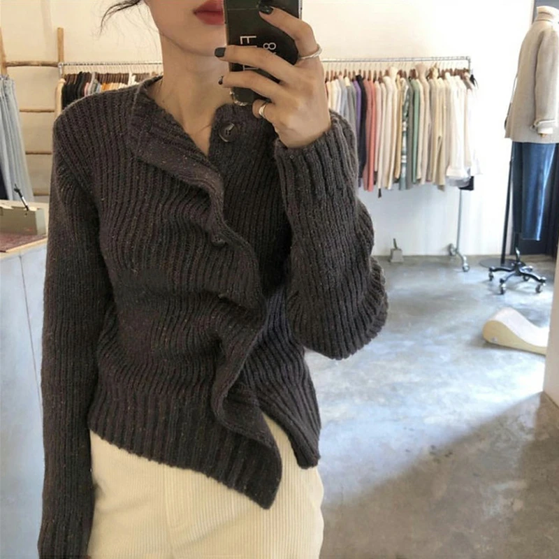 GALCAUR Asymmetrical Ruched Knitting Women's Sweaters O Neck Long Sleeve Korean Cardigans Female 2019 Autumn Winter Fashion New |