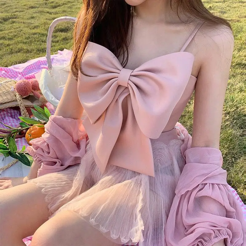 

Sexy Patchwork Bow Party Women Vest Square Collar Sleeveless Spaghetti Strap Slim Tunic Tank Tops Female Clothes 2021 Summer New