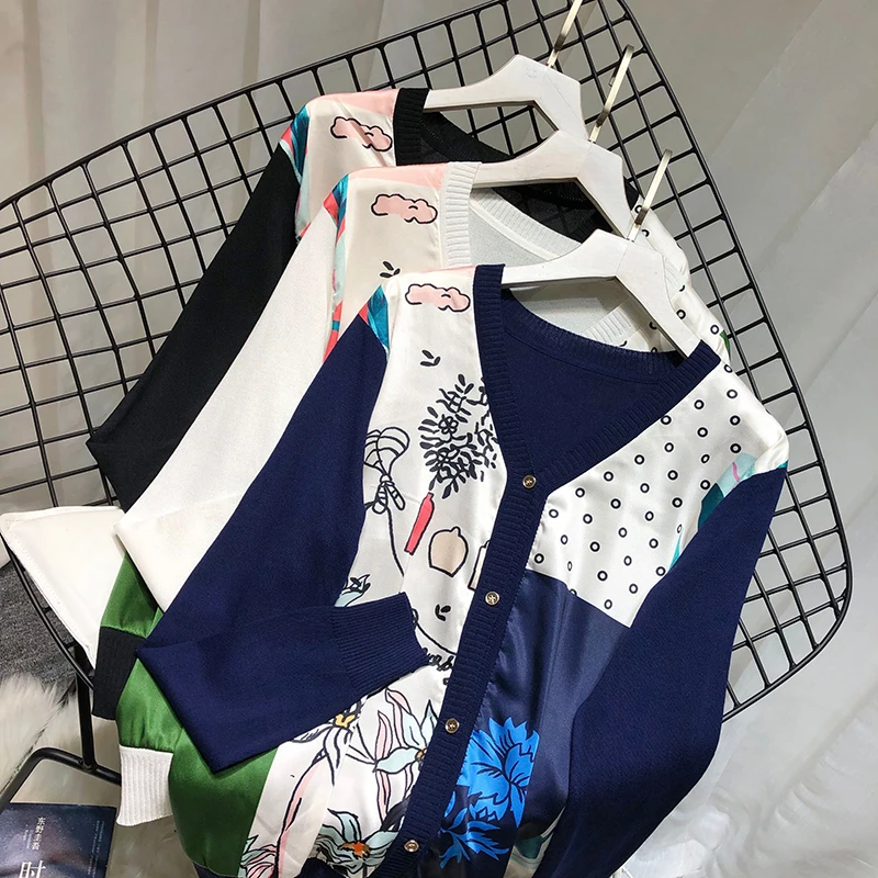 Женский атласный свитер ALPHALMODA вязаный лоскутный пуловер с V-образным вырезом и