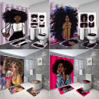 african american women fabric shower curtain black girl painting drink juice anti slip rug carpet toilet seat cover bathroom set
