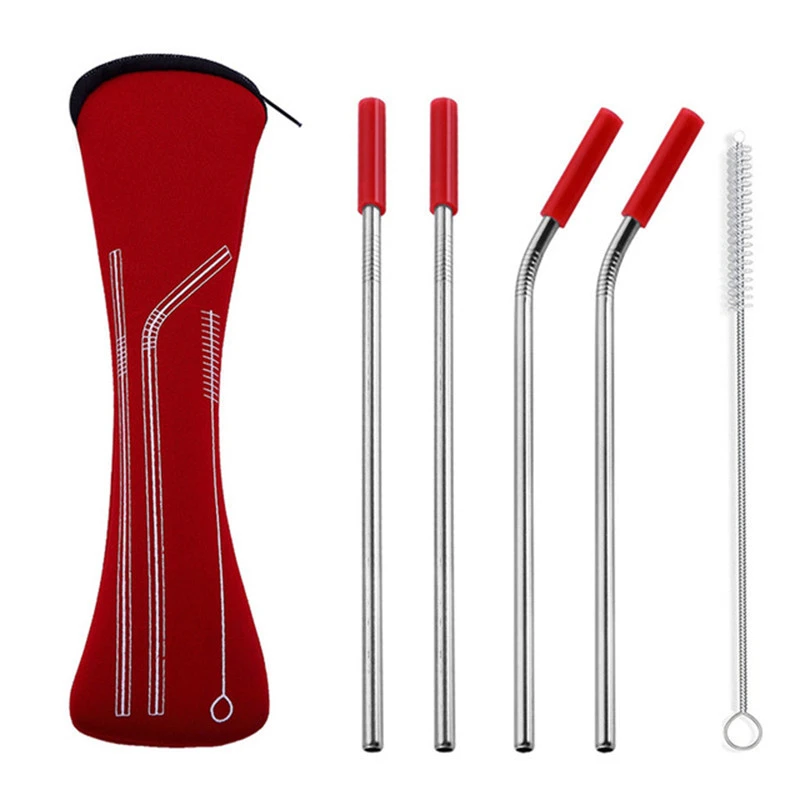 

6Pcs/set Reusable Stainless Steel Straws Straight Bent Drinking Straws with Silicone Tips for Hot Cold Beverage Drink Barware