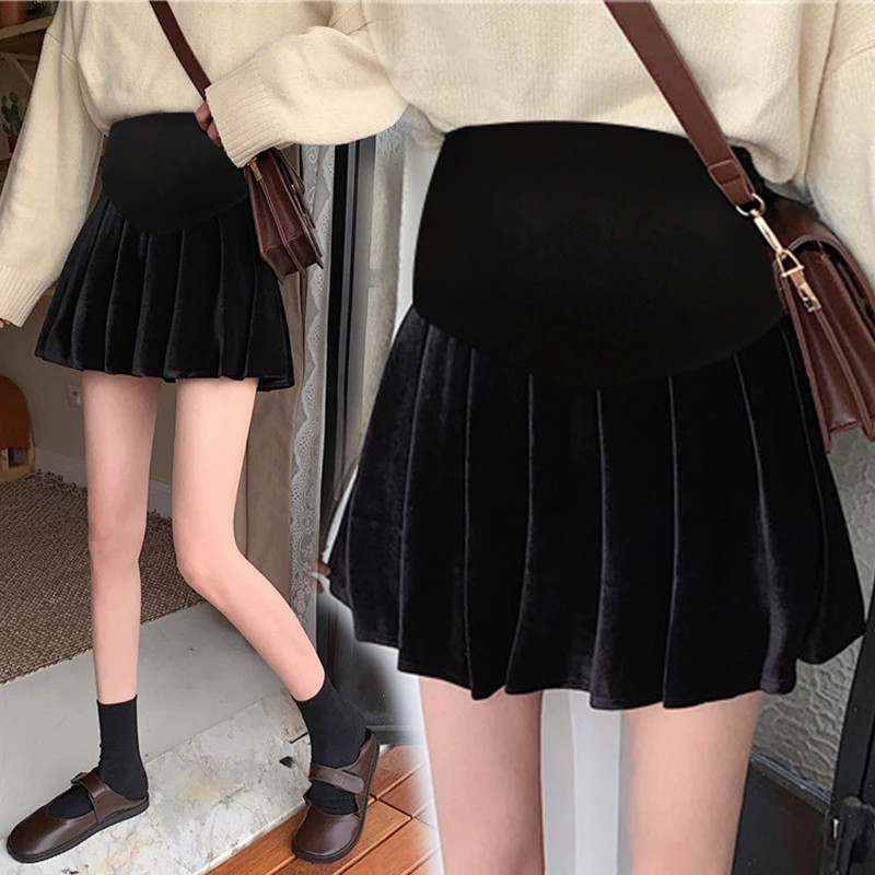 

8860# Autumn Winter Sexy Hot Pleuche Maternity Mini Skirts Elastic Waist Belly A Line Skirts for Pregnant Women Pregnancy Bottom