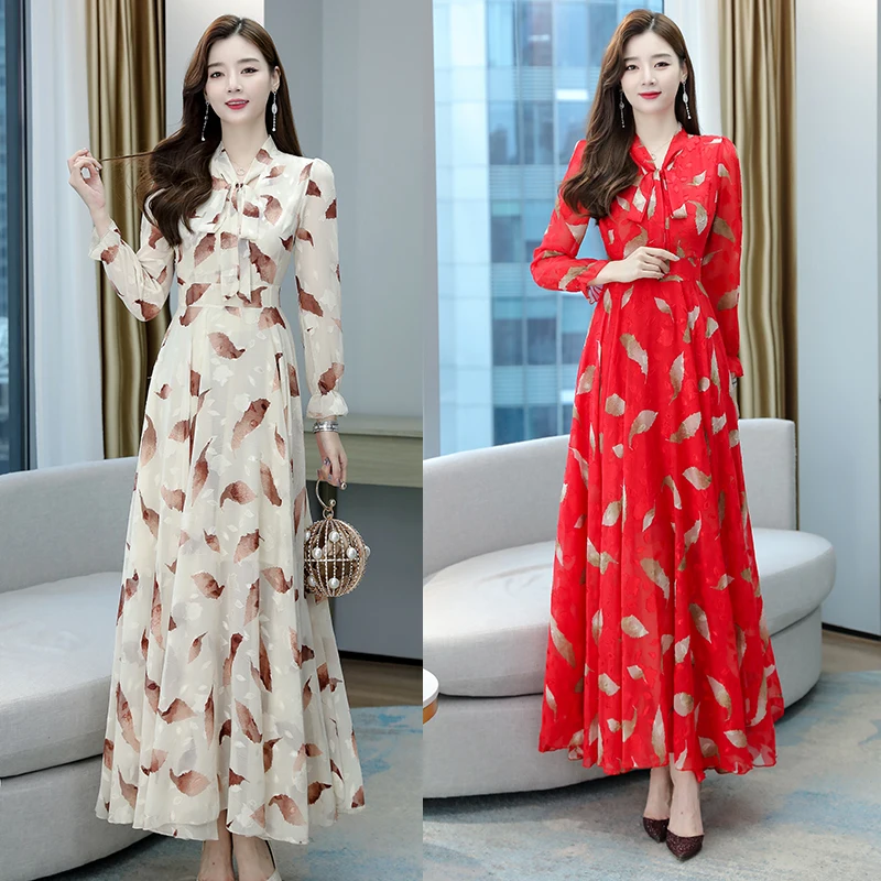 

2021 New Long Dress Printed Chiffon Slim Long-sleeved Beach Big Size Red Black Apricot Women Clothes