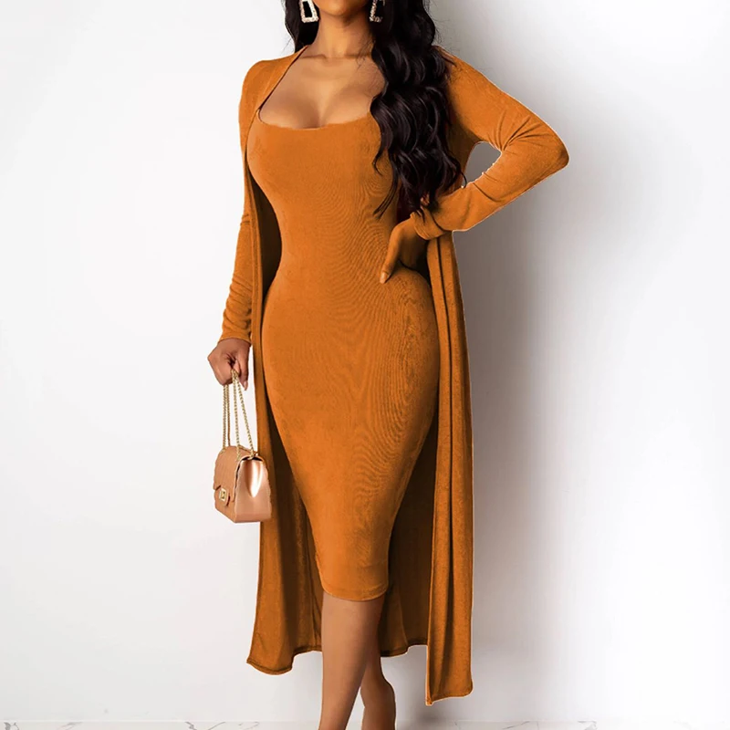 Женское платье с длинным рукавом комплект из двух предметов миди на тонких