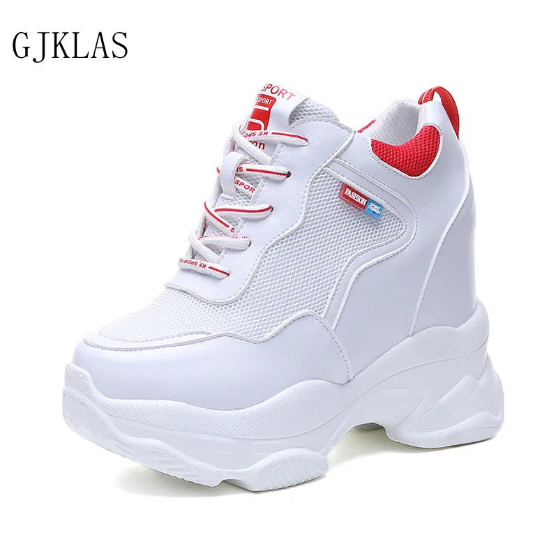 

Женские кроссовки на танкетке 11 см, повседневная обувь на платформе, дышащие, со скрытым каблуком, черные, белые