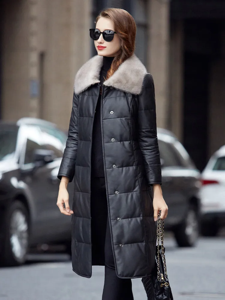 Leather Down Jacket Women's Autumn Winter Medium Length Sheepskin Coat Mink Fur Collar Leisure Slim Down Coat