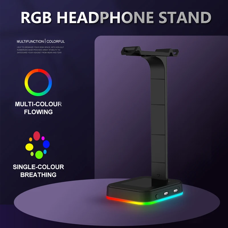 

Держатель для наушников RGB с 2 портами USB 2,0 и Type-C, динамическая многоцветная подставка для гарнитуры для геймеров, игрового компьютера, насто...