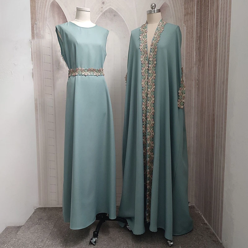 Abaya Robe Fashionable Muslim Women's Suit Kaftan Robe Two-piece Embroidery Contains Belt Ramadan Robe Qatar Islamic Clothing