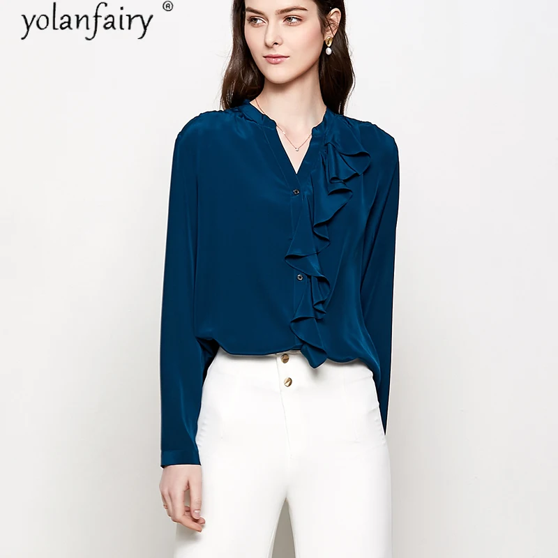 

Высококачественная женская рубашка из 100% натурального шелка на весну и осень 2021, Элегантная блузка для женщин, одежда, топы с длинным рукаво...