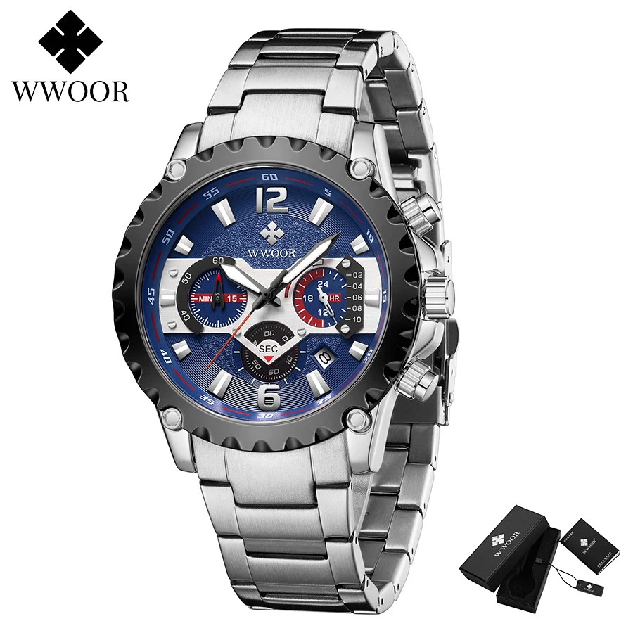 

WWOOR Wristwatch Mens Stainless Steel Quartz Sport Clock Male Top Brand Luxury Military Waterproof Multifunction Watches For Men
