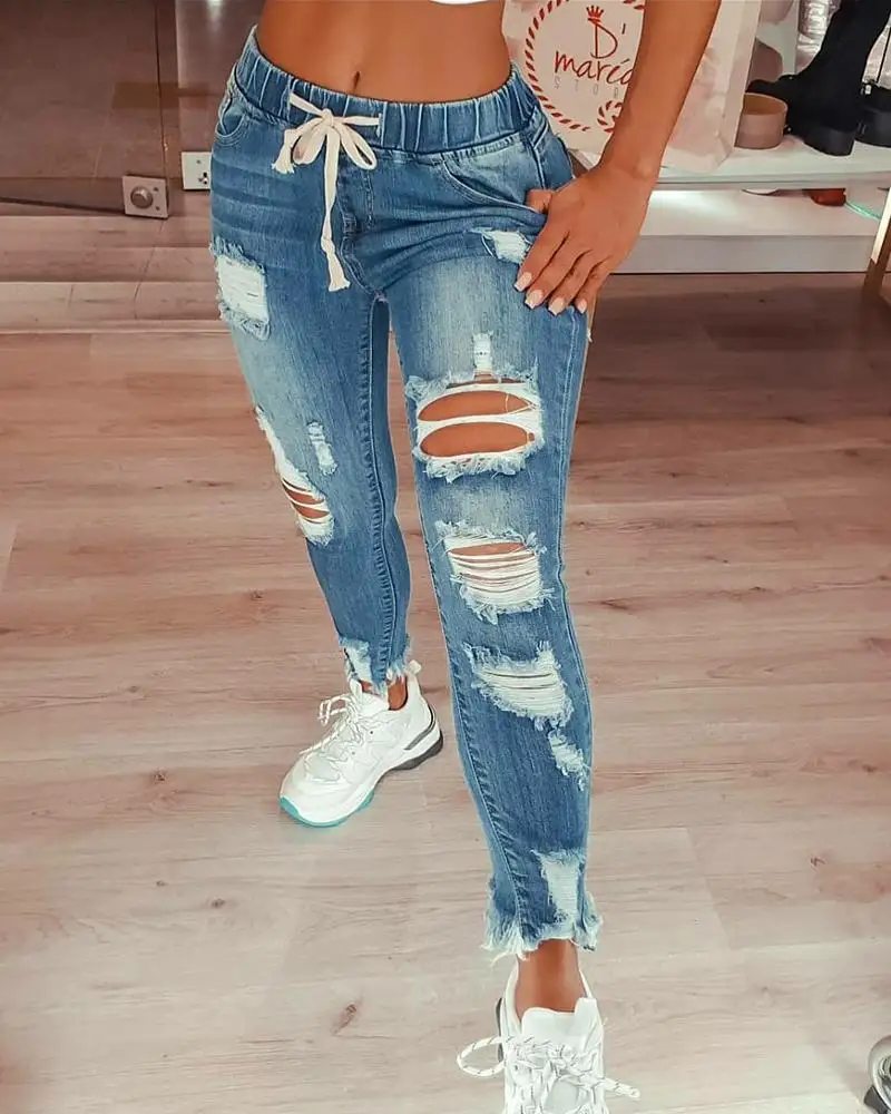 Women Spring Fall Solid Ripped Skinny Jean Pants Hollow-Out Denim Pants Femme Casual Wear Lady Sexy Pencil Skinny Trousers