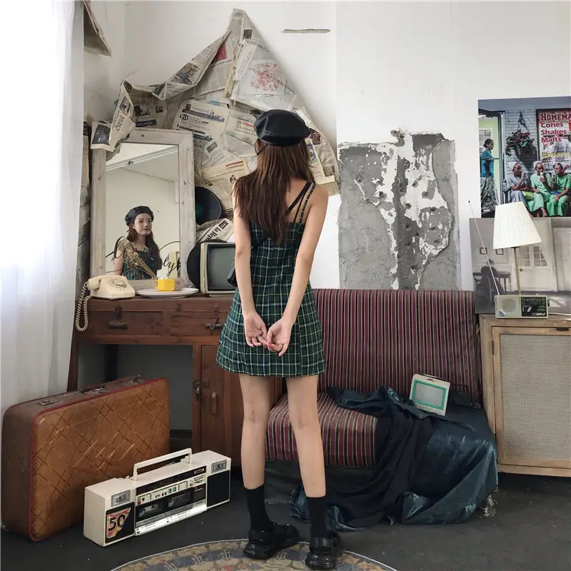 Платье женское в клетку на бретелях облегающее модное мини-платье феи зеленого