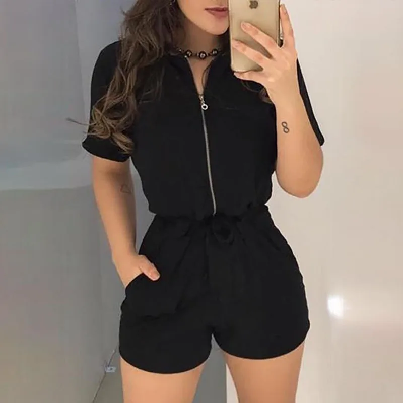 

WEPBEL Women Playsuit Solid Color New Short Sleeve Zipper Jumpsuit Summer Spring Fashion Casual Playsuits