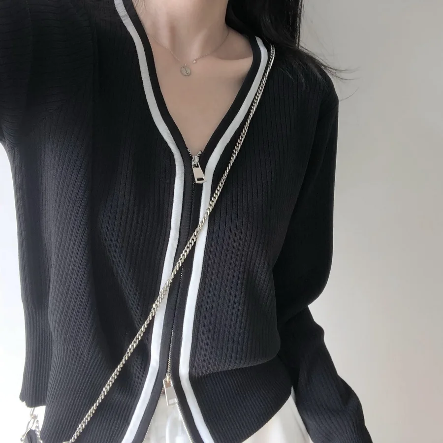 

Knitted Cardigan Sweater Women Clothing Collar Crop Sweater Women Solid Zip Knitted Cardigan
