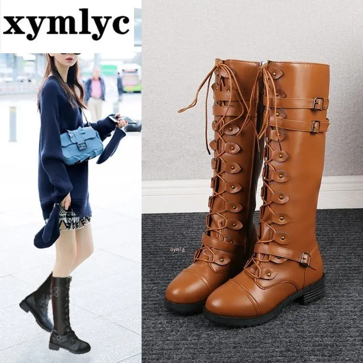 

Sexy Lace Up Knee High Boots Women Fashion Boots Flats Shoes Woman Square Heel Rubber Flock Boots Botas Winter Buckle Size 43