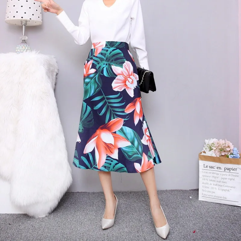 

Falda con estampado Floral para mujer, falda de media longitud de pantorrilla, cintura elstica, S63elegante e informal 2020