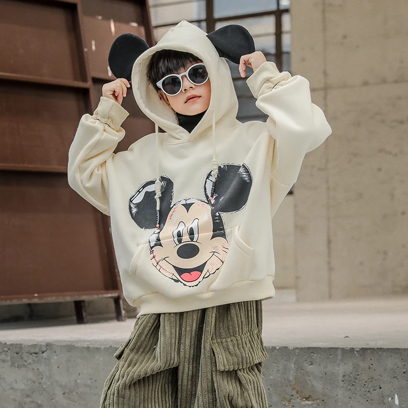 

Зимняя толстовка с Микки Маусом для мальчиков, для больших девочек, с капюшоном, с плюшевой подкладкой, унисекс, детская одежда, с капюшоном ...
