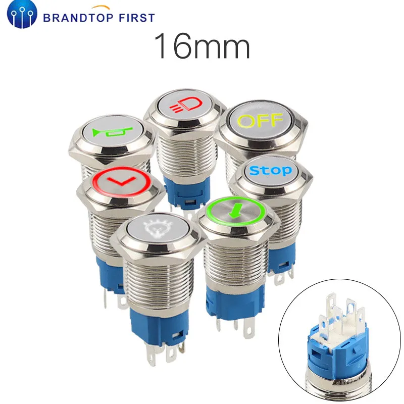 Металлический кнопочный переключатель 16 мм для приборной панели с символом под