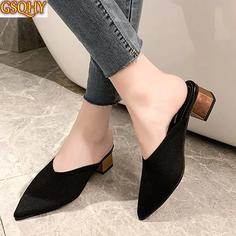 

Women's Slippers 2021 Summer New Knitted Thick Heel Shoes Ladies Sandals Pointed Toe Mules Female High Heels Slides Slipper