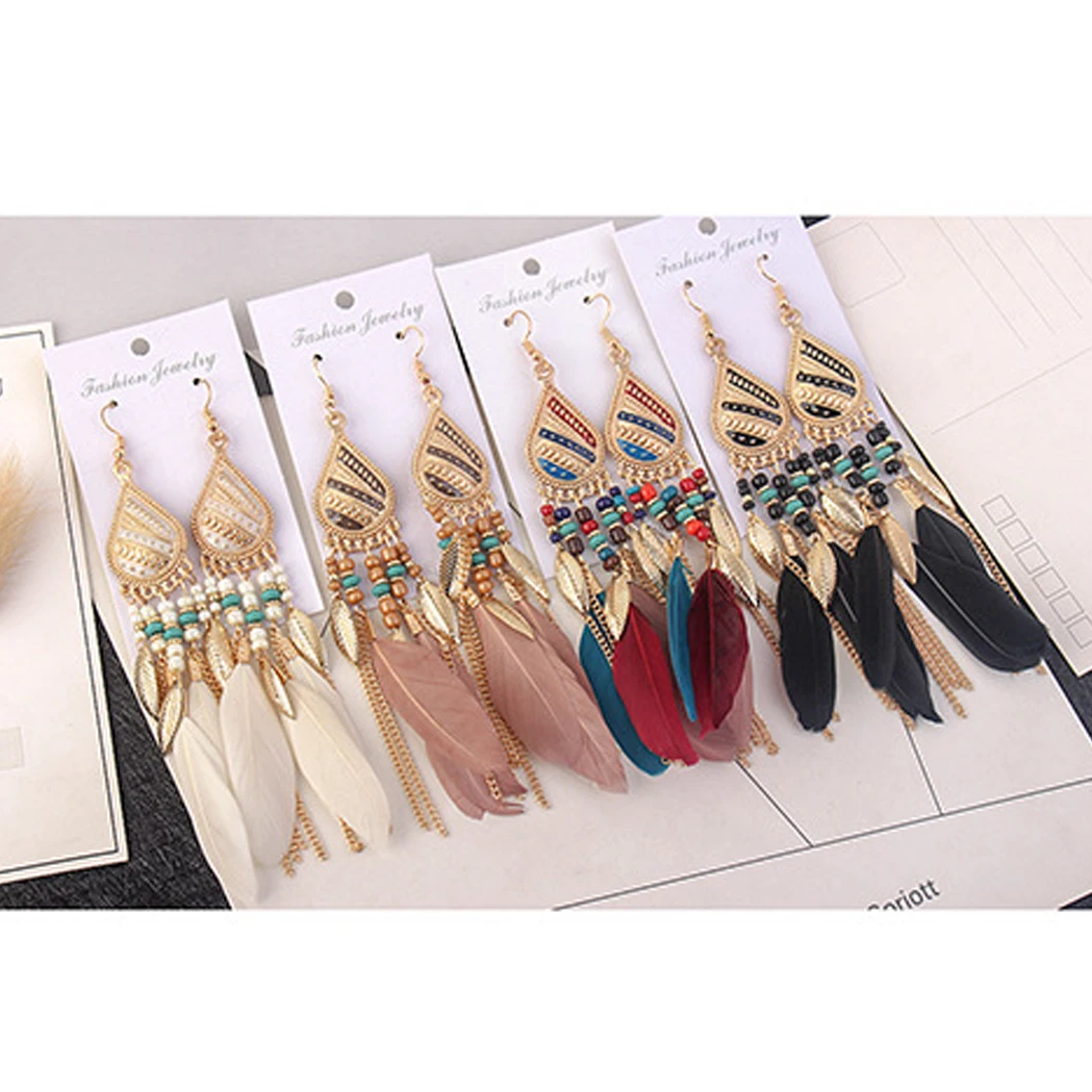 Яркие винтажные богемные серьги в форме капли воды с перьями сказочные индийские