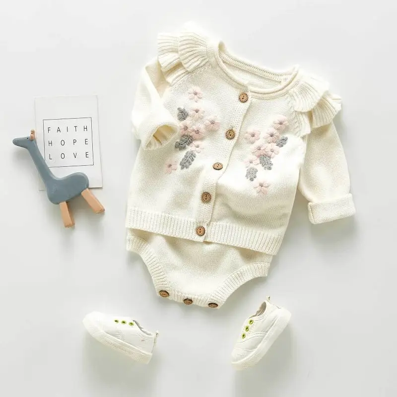 

Keelorn Newborn Infant Baby Girls White Embroidery Flowers Clothing Fashion Cardigans Rompers Toddler Knitted Clothes Outfits