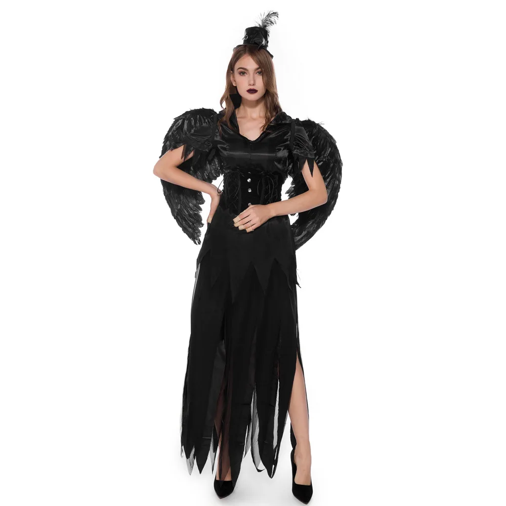 Black Dark Devil Fallen Angel Vampire Costume Adult Halloween Costumes for Women Gothic Witch Costume (Dress ,Belt,Hat,Wing)