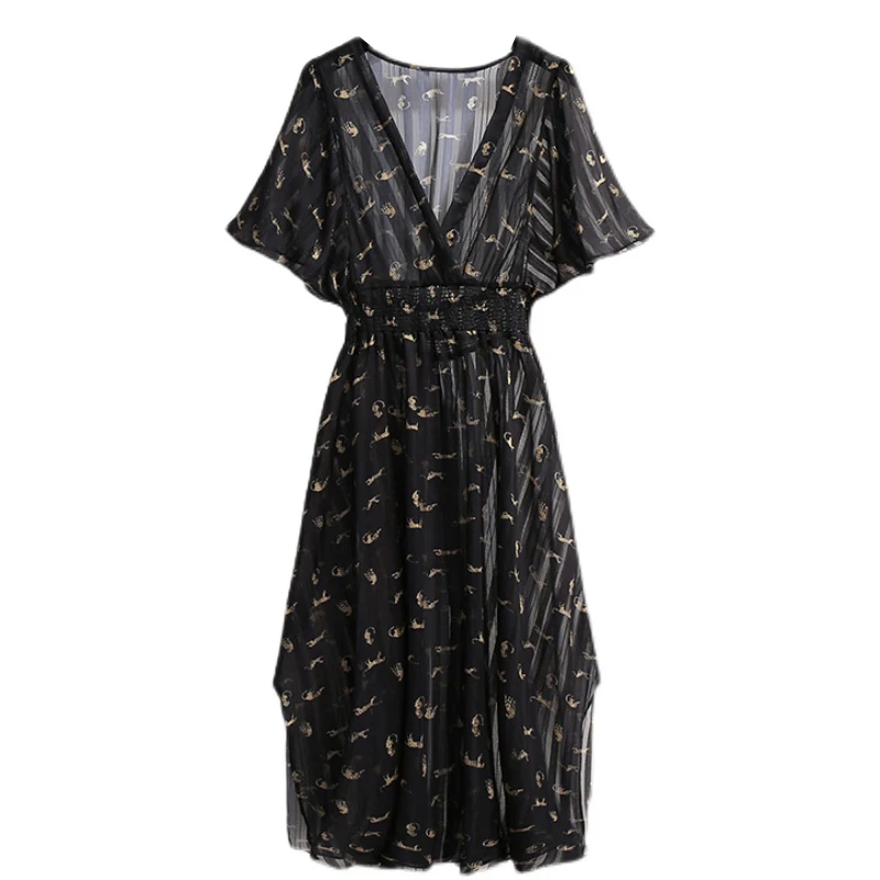 

EHQAXIN Summer Plus Size Women's Chiffon Floral Dress V-Neck Short-Sleeved Dress + Black Suspender Skirt Two-Piece Suit M-4XL