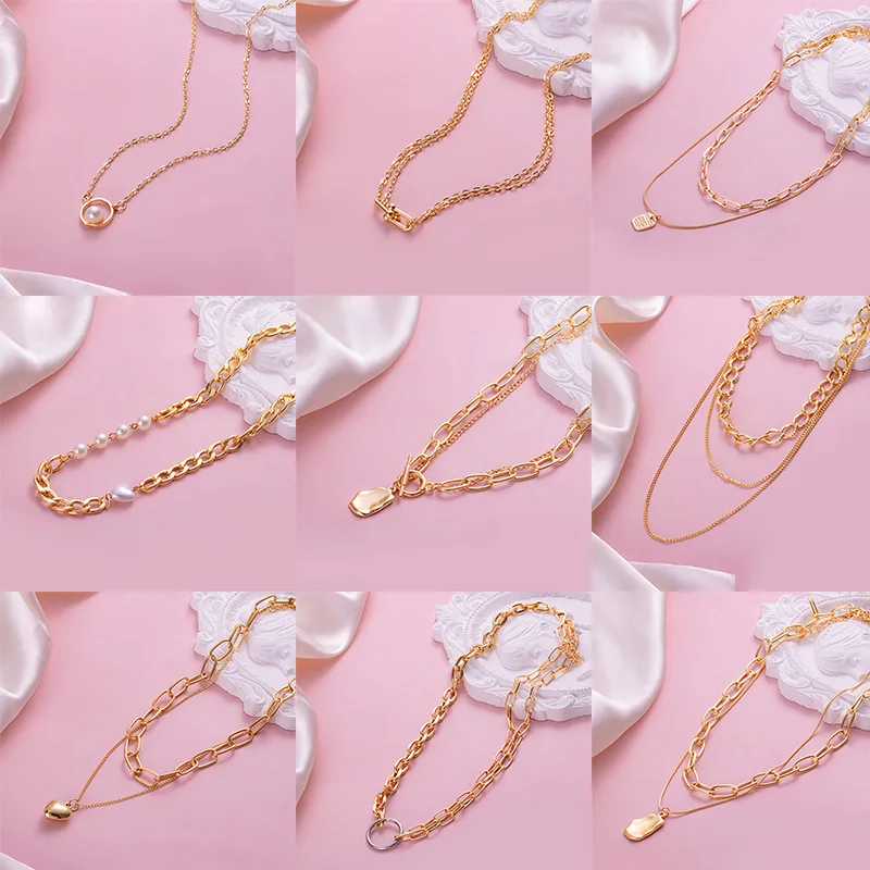 

Geometric Punk Multilayer Pearl Heart Necklace for Women Vintage Gold Silver Color Pendant Necklaces Chunky Chain Choker Jewelry