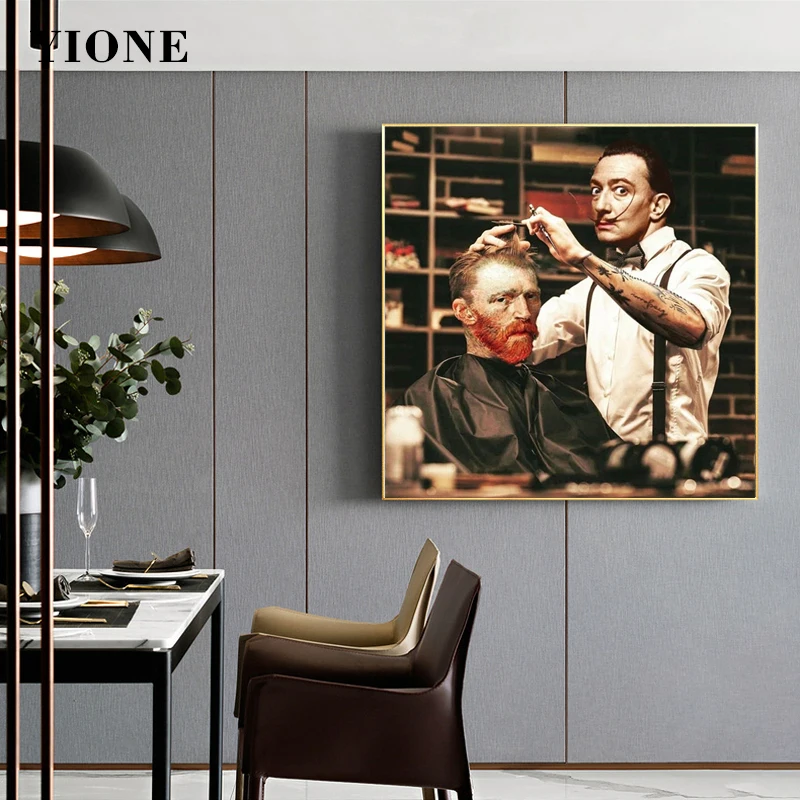 

Painter Van Gogh Salvador Dali Barber Art Canvas Painting Retro Funny Figure Men's Haircut Wall Picture Poster Prints Home Decor