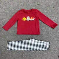 2021 new style cotton baby boy suit red long sleeved top with christmas hat embroidery and black and white plaid trousers