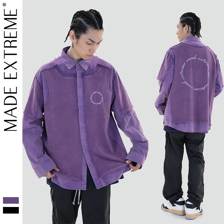 

MADE EXTREME False two piece shirts for men streetwear high street oversized shirt korean clothes retro vintage shirt LY03