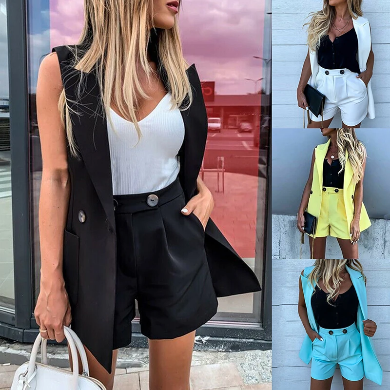 

Women Two-Piece Suit Waistcoat And Shorts Set Solid Color Vest Coat Single Button Yellow Sleeveless Blazers With Shorts Suit