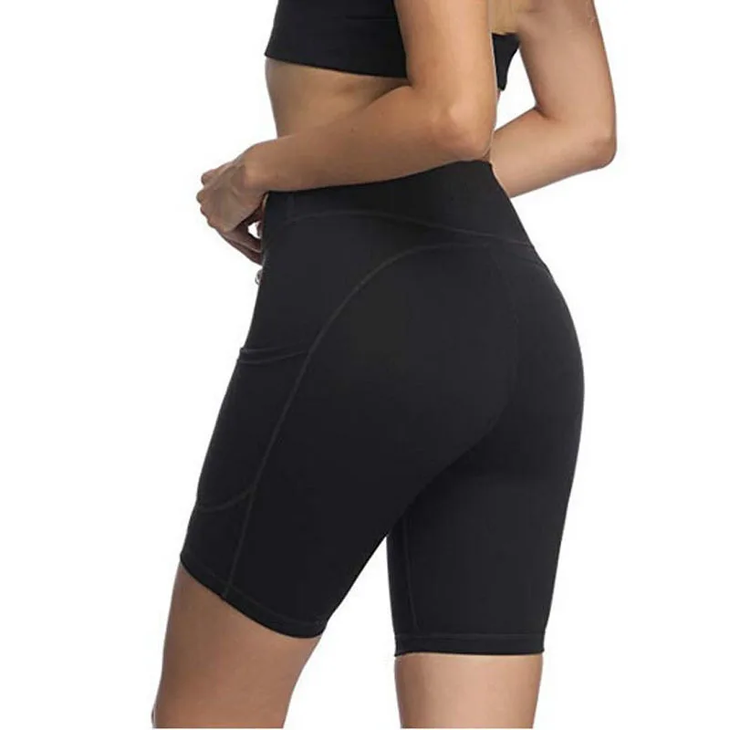 

Sexy Women's High Waist Workout Yoga Running Compression Shorts Tummy Control Side Pockets Black Sport Training Shorts