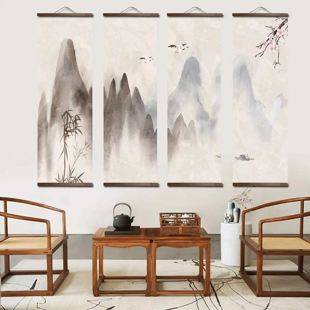 Chinese Style Ink Painting Alpine Canvas Decorative Painting Bedroom Living Room Wall Art Posters Solid Wood Scroll Paintings