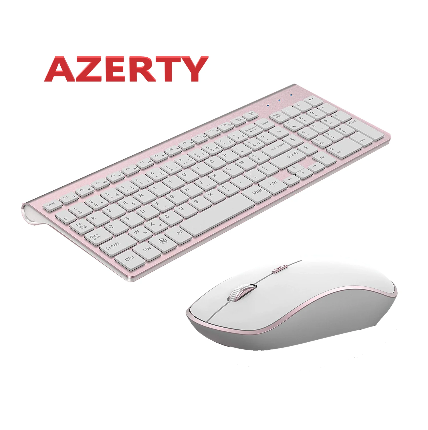 

New French Keyboard Wireless 2400DPI Mouse 2.4Ghz Ultra-Slim AZERTY Keyboard Mouse Set, Portable Silent Ergonomic- Pink/silver