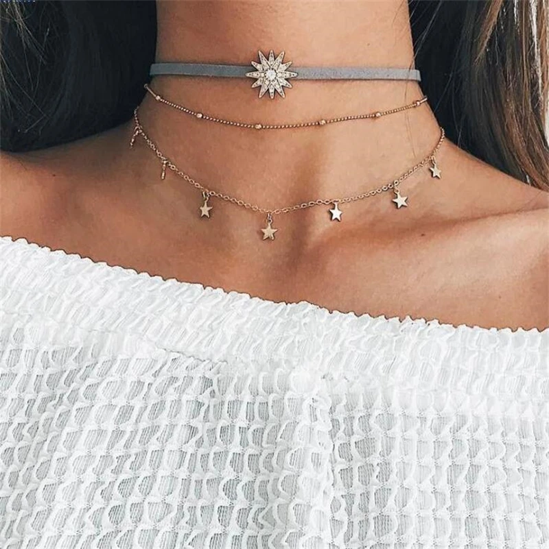 

Trend Pentagram Sun Multi Layer Pendant Necklace Personalized Women's Flannelette Gold Chain Choker Fashion Party Jewelry Gifts