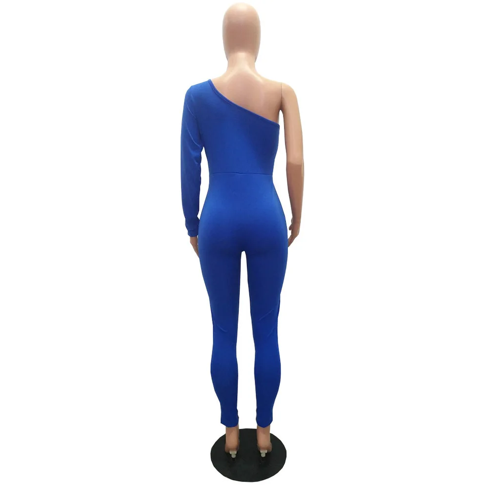 

Striped Zipper Spliced Fitness Jumpsuit for Women One Shoulder Single Long Sleeve Romper Casual Sportwear Running Skinny Catsuit