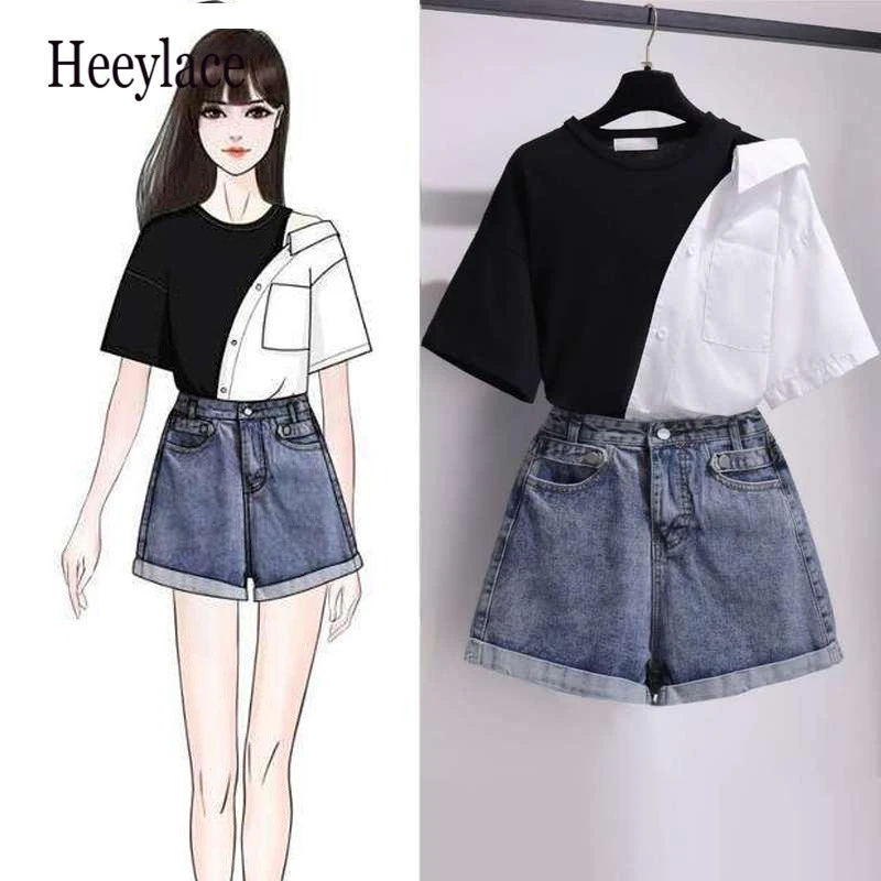 

korean 2 Piece Set Women Tops And Shorts Set Off-shoulder Blouse Summer 2 Piece Outfits Korean Style Clothes Cute Girl Suit 2PCS