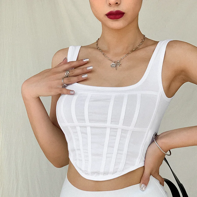 

2021 White Bodycon Tank Top Woman Summer Fashion Sleeveless Square Collar Cropped Vest Casual Streerwear Camisole Clothing