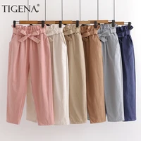 tigena cute bow belt pants for women 2021 spring summer ankle length high waist trousers women korean pink harem pants female