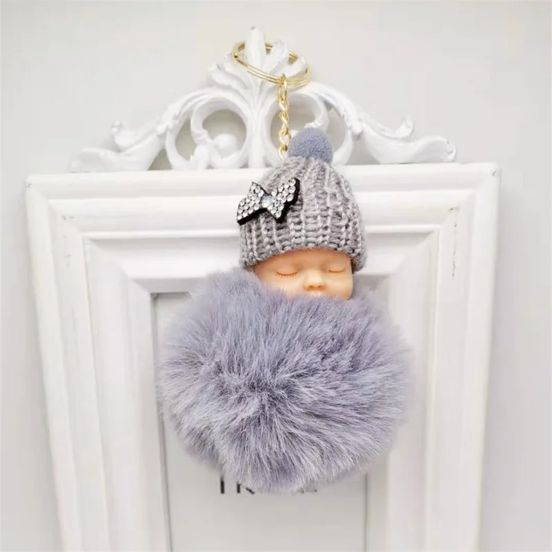 

Sleep Baby Fluffy Pompom Keychains Fake Rabbit Fur Ball KeyChain Women Bag Jewelry Gift Pompom Pendant Keychain New Accessories