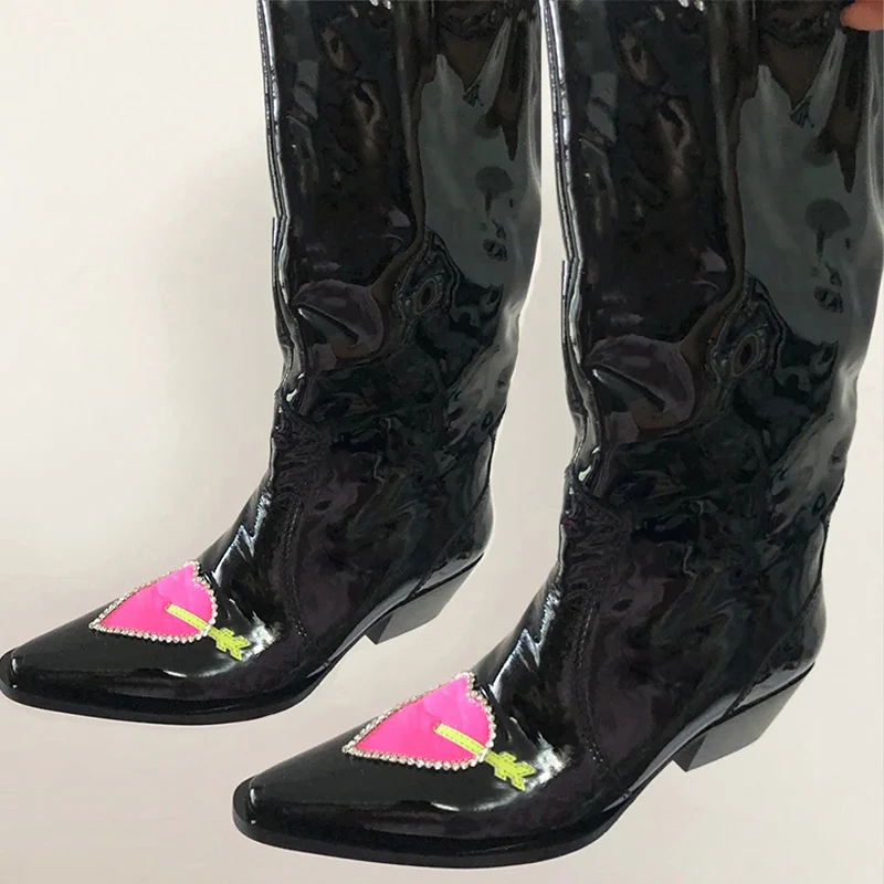 

Womens Pointy Toe Red Heart Rhinestones Mid Calf Boots Chunky Heel Patent Leather Pull On Western Shoes New 2022 SONDR