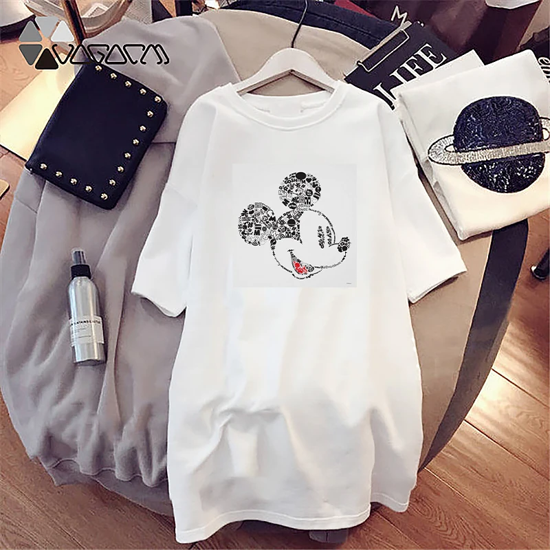 

Summer Tshirt Dresses Fashion Lady Leopard Mickey Cartoon Mini Dress Short Sleeve Casual Loose Black Harajuku Robes Vestido New