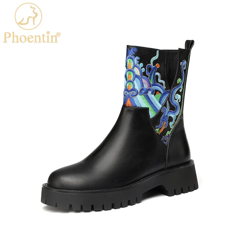 

Phoentin Cowhide embroider Boots Women's Fashion Round toe Platform Ankle Boots Winter high Quality Hand Made Shoes FT1739